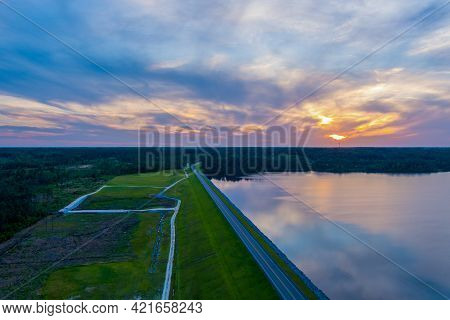 Aerial View Of Big Creek Lake In Mobile County, Alabama At Sunset In May Of 2021