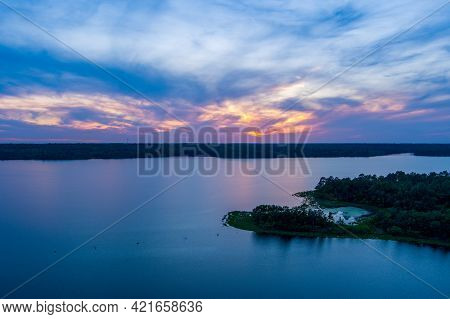 Aerial View Of Big Creek Lake In Mobile County, Alabama At Sunset In May Of 2021