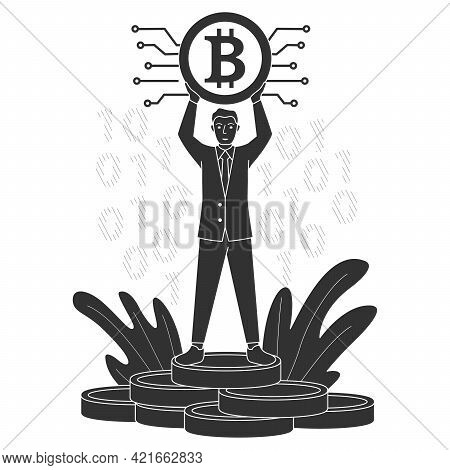 Rich Businessman Black Silhouette Stands On A Stack Of Coins.