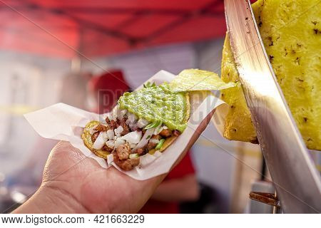 Delicious Adobada Or Pastor Mexican Taco With Avocado, Cilantro And Onion, With Pineapple.