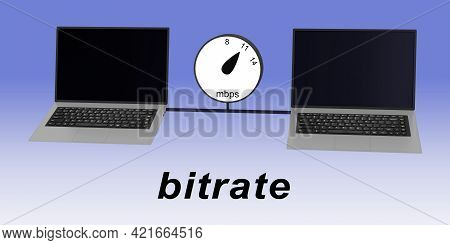 3d Illustration Of Bitrate Title Below Two Laptops Linked By A Communication Cable With A Symbolic M