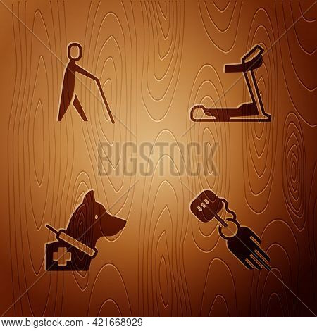 Set Prosthesis Hand, Blind Human Holding Stick, Guide Dog And Treadmill Machine On Wooden Background