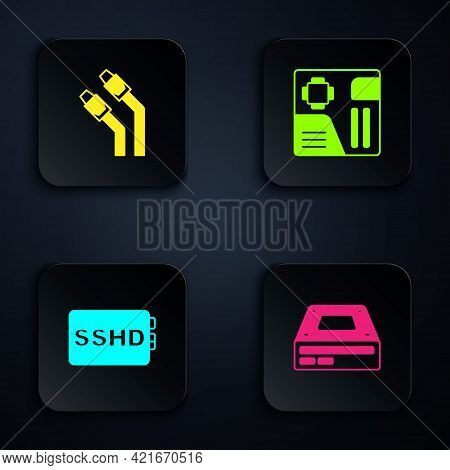 Set Optical Disc Drive, Lan Cable Network Internet, Sshd Card And Motherboard Digital Chip. Black Sq