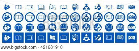 Set Of Refer To Instruction Manual Signs. Vector Illustration Of Circular Blue Signs With Hand Point
