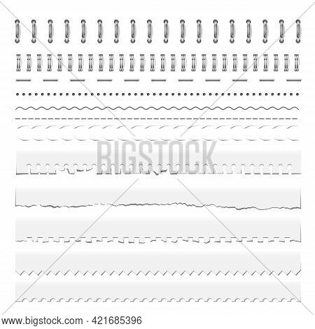 Stitch, Notebook Perforation, Spiral Binding And Dividers. Vector Wire, Steel Ring Springs For Calen