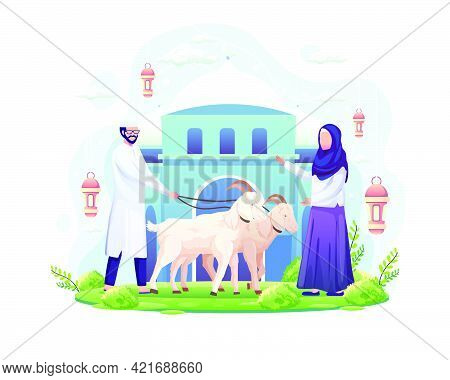 The Couple Celebrates Eid Al Adha By Donating Two Goats For Qurban. Eid Al Adha Mubarak. Flat Vector