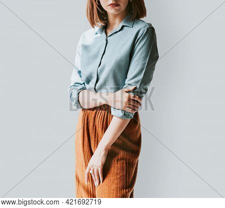 Short brown hair woman in a denim shirt mockup