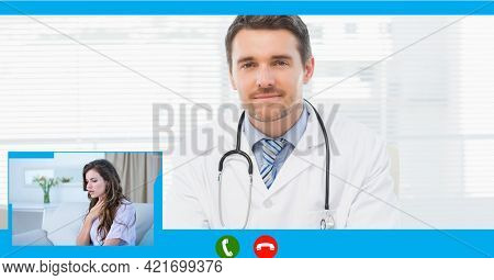 Composition of screen with male doctor during online consultation. global online medicine and technology concept digitally generated image.