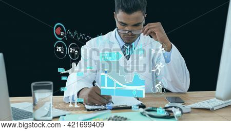 Composition of medical data processing over male doctor. global online medicine and technology concept digitally generated image.