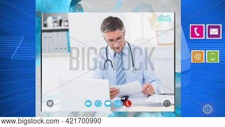 Composition of screen with male doctor during online consultation. global online medicine and technology concept digitally generated image.