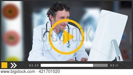 Composition of screen with male doctor during online consultation. global online medicine and technology concept digitally generated image.