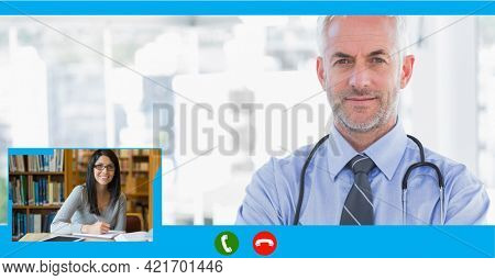 Composition of screen with male doctor during online consultation. global online medicine and technology concept digitally generated image.