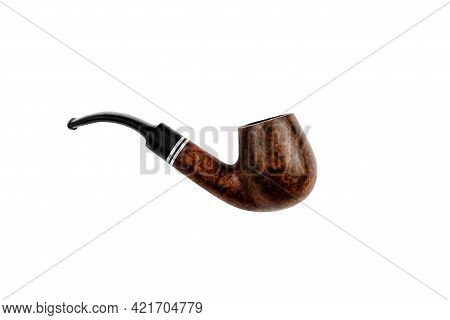 Briar Smoking Pipe On A White Background. Wooden Smoking Accessory With A Bent Shape.