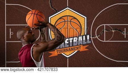 Composition of basketball player throwing ball over basketball court. sport event and competition concept digitally generated image.