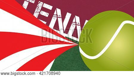 Composition of tennis ball and text on red background. sport event and competition concept digitally generated image.