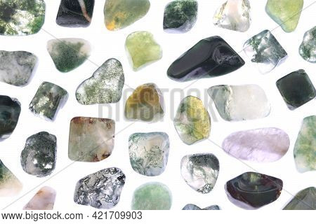 Moss Agate Rare Jewel Stones Texture On White Light Isolated Background