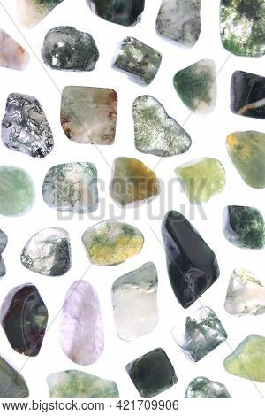 Moss Agate Rare Jewel Stones Texture On White Light Isolated Background