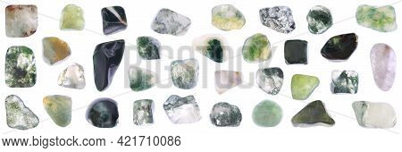 Moss Agate Jewel Stones Set Texture On Light White Isolated Background. Macro Closeup.