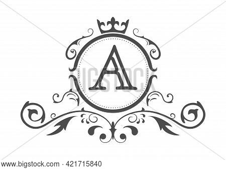 Stylized Letter A Of The Latin Alphabet. Monogram Template With Ornament And Crown For Design Of Ial