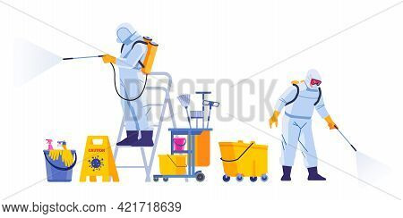 Covid-21 Coronavirus Disinfect. Disinfecting Workers Wear Protective Masks And Spacesuits Against Pa