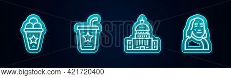 Set Line Ice Cream In Waffle Cone, Paper Glass With Straw, White House And Benjamin Franklin. Glowin