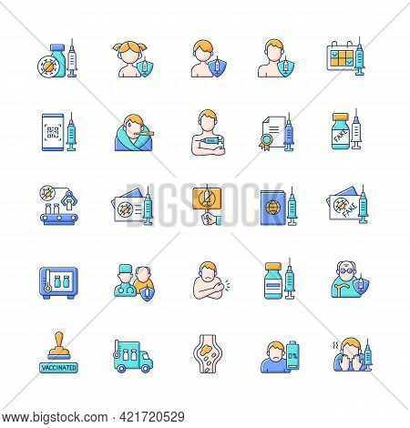 Vaccination And Covid Passport Rgb Color Icons Set. Vaccine Distribution. Patient Immunization. Viru