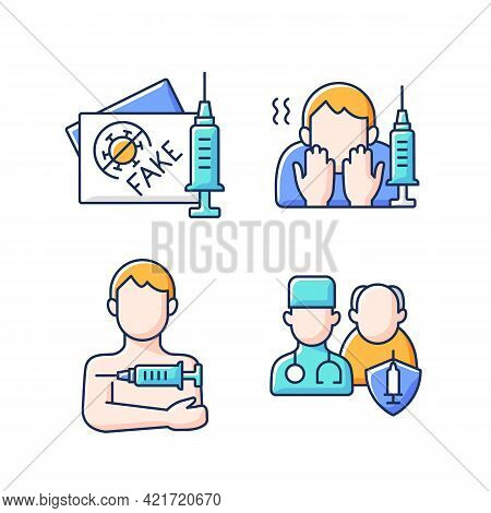 Vaccine Inoculation Rgb Color Icons Set. Fake Vaccinated Tourist Passport. Fear Of Needle. Priority 