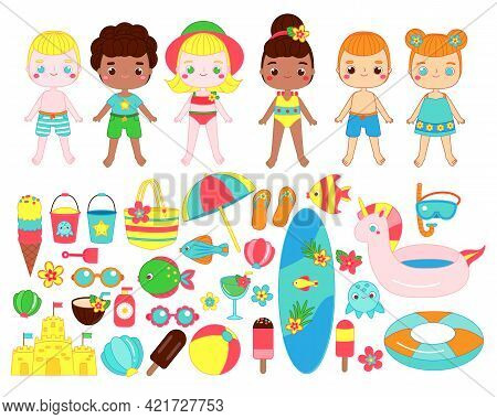 Big Set Of Cartoon Summer Girls And Boys And Beach Fun Accessories. Ice Cream, Diving Mask, Cocktail