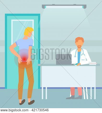 Man With Backache Makes Appointment With Doctor. Patient At Reception At Hospital. Person Is Holding