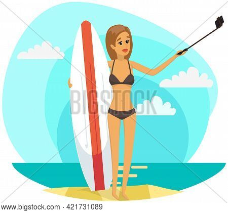 Girl Is Having Summer Vacation And Surfing. Woman In Swimsuit Is Photographed On Phone Camera. Lady 