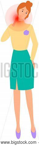 Unhappy Girl Is Suffering From Neck Pain. Upset Woman Feeling Muscle Or Joint Injury Isolated On Whi