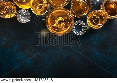 Strong Alcoholic Drinks, Spirits And Distillates In Glasses: Vodka, Cognac, Tequila, Scotchand Other