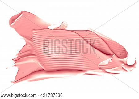 Coral Beauty Cosmetic Texture Isolated On White Background, Smudged Makeup Emulsion Cream Smear Or F
