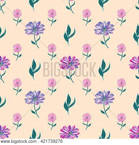 Vector Seamless Pattern With Multi-colored Osteospermum Flowers On A Beige Background