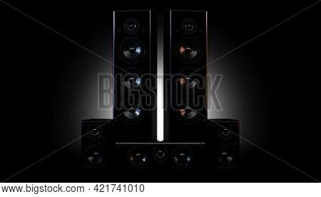 A Modern Surround Sound Speaker Arrangment On A Dark Backlit Studio Background - 3d Render
