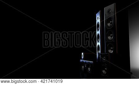 A Modern Surround Sound Speaker Arrangment On A Dark Backlit Studio Background - 3d Render