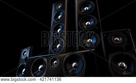 A Modern Surround Sound Speaker Arrangment On A Dark Backlit Studio Background - 3d Render