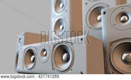 A Modern White Surround Sound Speaker Arrangment On A Light Backlit Studio Background - 3d Render