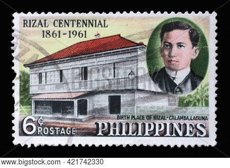ZAGREB, CROATIA - SEPTEMBER 18, 2014: Stamp printed in Philippines shows Jose Rizal birthplace at Calamba Laguna, circa 1961.