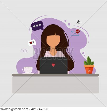 Woman Working At Laptop, A Cup Of Coffee, Lap Top And Plant On The Table. Businesswoman. Colorful Ve