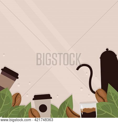 Coffee Beans Frame On Beige Background Vector. Coffee Shop, Cups. .