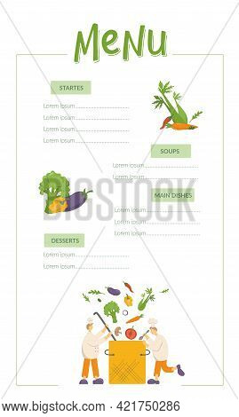 Menu, Cooks Are Cooking Vegetable Soup On Kitchen In Restaurant. Funny Chef Men Making Vegetarian Di