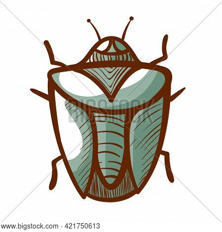 Green Crum Hand Drawn Icon. Beetle Parasite Pictogram. Bug Symbol, Sign. Insect Creeping.