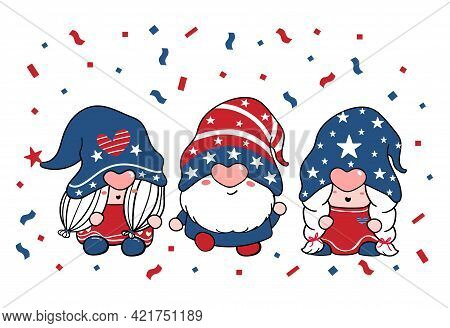 Cute Three Trio Gnome Independence Day, 4th Of July, Gnome Patriotic In Red And Blue Cartoon Illustr