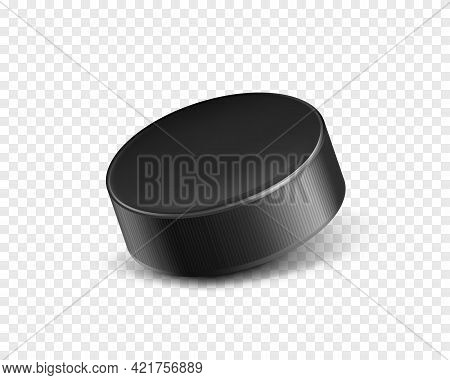 Vector 3d Realistic Black Rubber Puck Closeup For Play Ice Hockey Isolated On Transparent Background