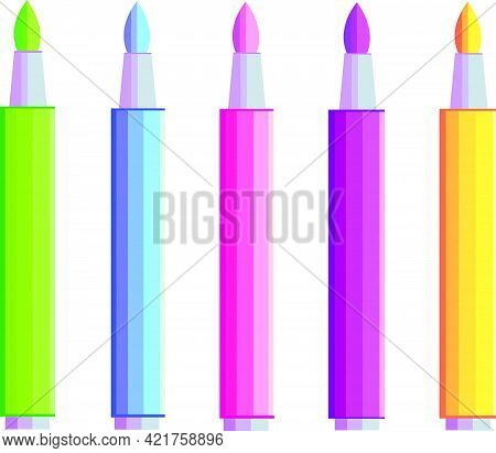Set Of Five Colored Markers On A White Background