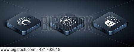 Set Isometric Indian Headdress With Feathers, Burger And Declaration Of Independence Icon. Vector