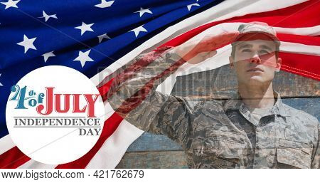 Composition of fourth of july text with saluting male soldier over american flag. independence day celebration, tradition and patriotism concept digitally generated image.