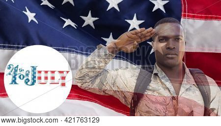 Composition of fourth of july text with saluting male soldier over american flag. independence day celebration, tradition and patriotism concept digitally generated image.