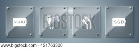 Set Ssd Card, Lan Cable Network Internet, Usb Cord And Sshd. Square Glass Panels. Vector